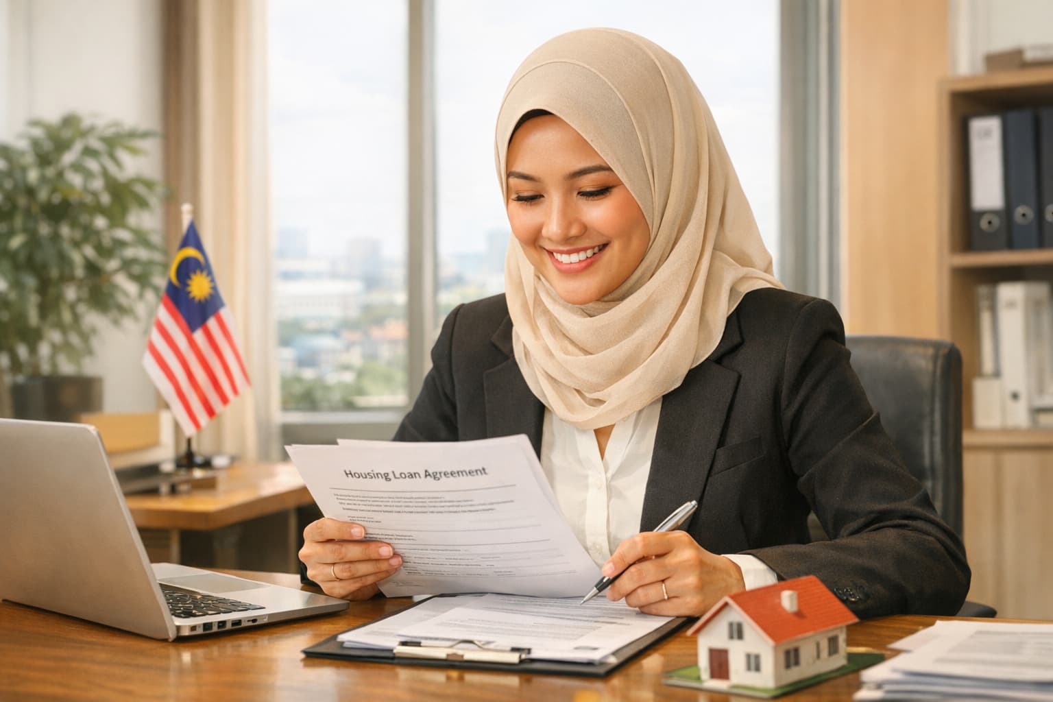 Wanita Melayu bertudung profesional menyemak dokumen pinjaman perumahan