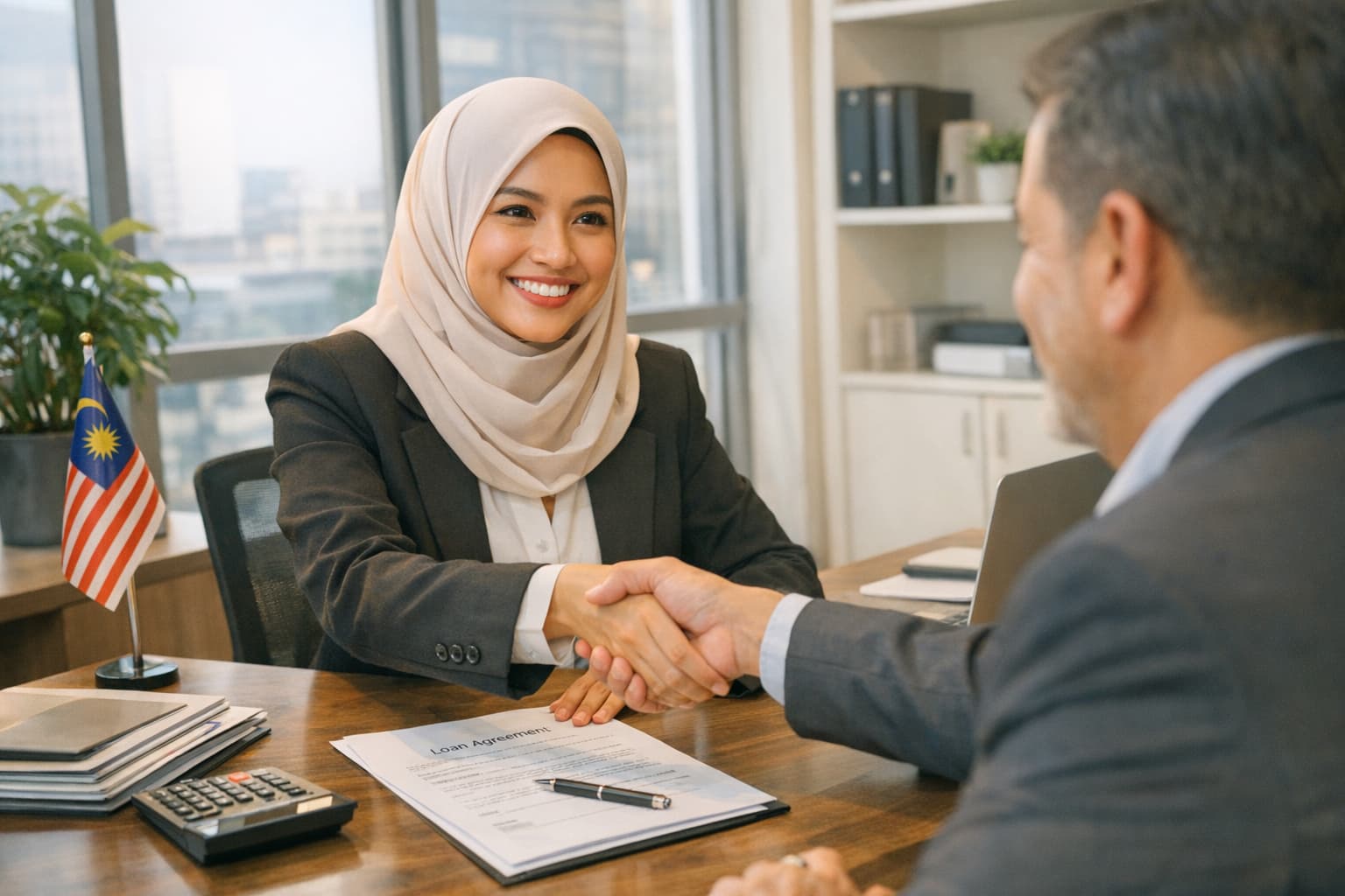 Wanita Melayu bertudung berjabat tangan dengan penasihat perniagaan selepas kelulusan pinjaman