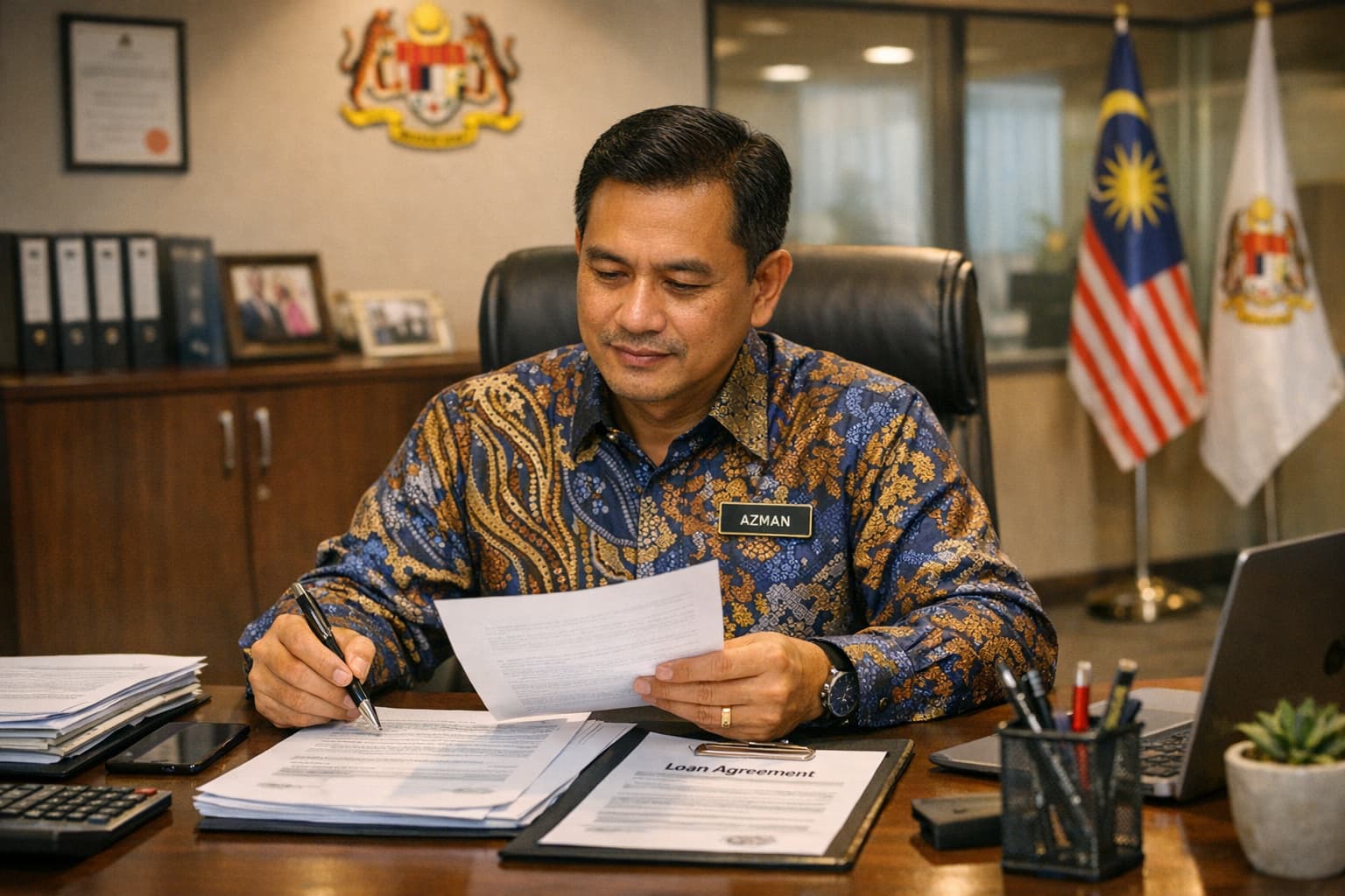 Pegawai kerajaan lelaki Melayu menyemak dokumen pinjaman di pejabat