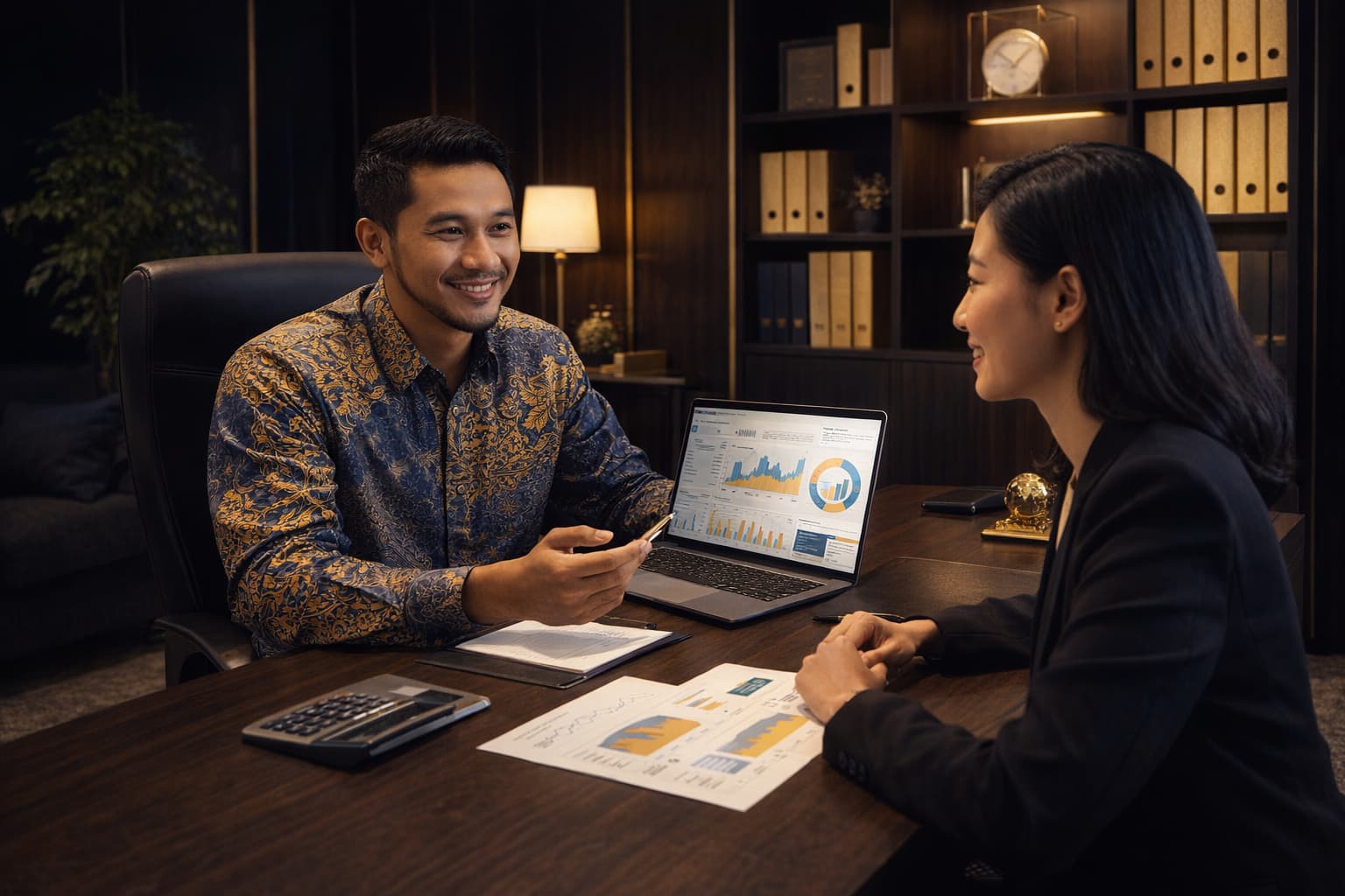 Financial consultant reviewing loan documents with client in professional office setting
