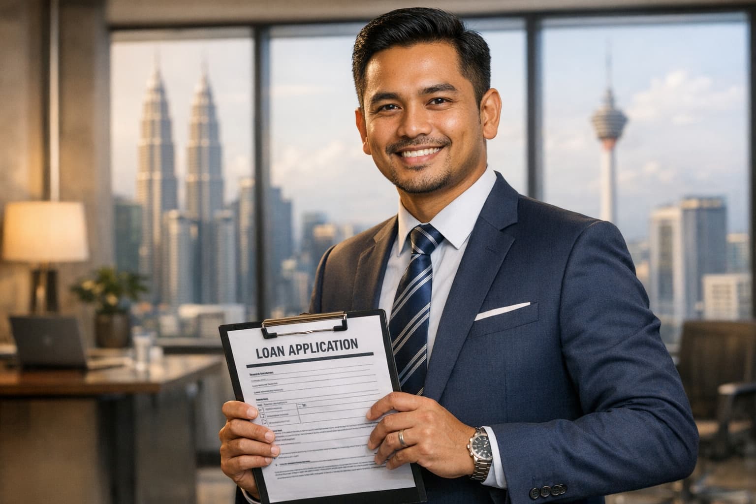 Professional loan consultant discussing financial solutions with client in modern office setting