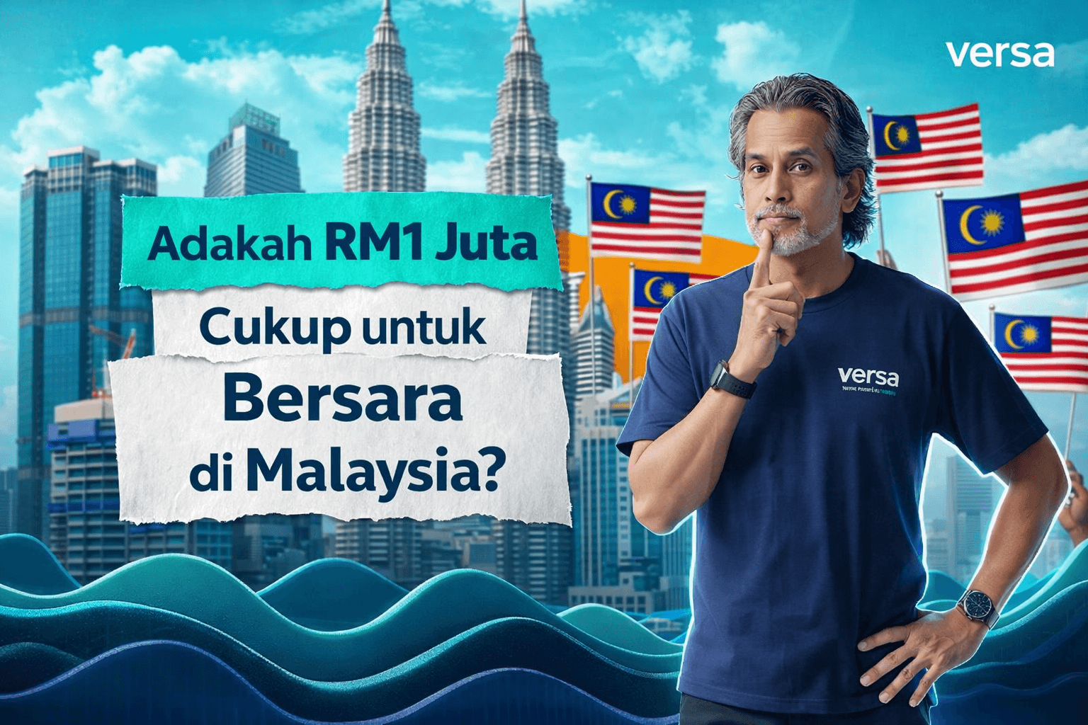 Khairy Jamaluddin pondering retirement in Malaysia against the Petronas Twin Towers and Malaysian flags.