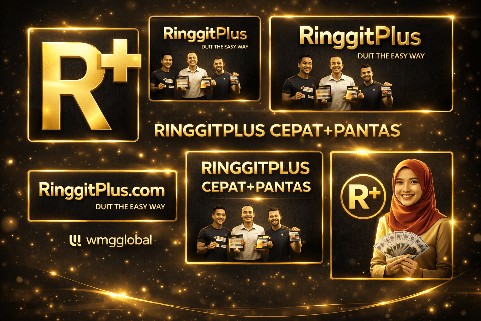 Golden RinggitPlus promotional collage featuring smiling people, the R+ logo, and sparkling light effects.