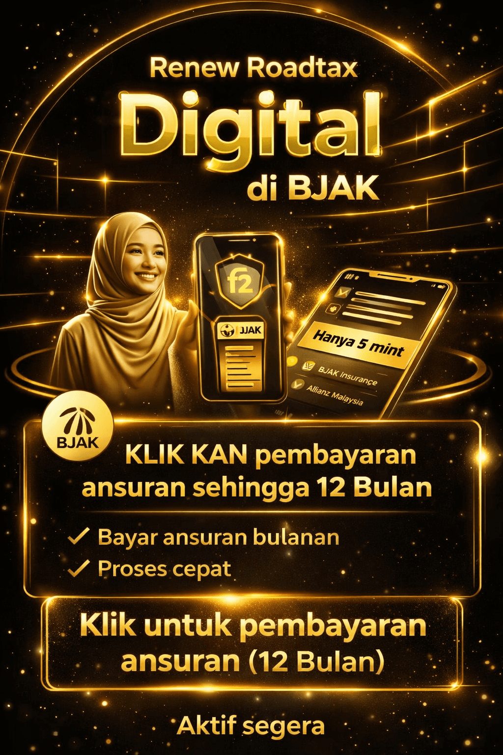 Smiling woman promoting BJAK digital road tax renewal with 12-month installment plans on gold background.
