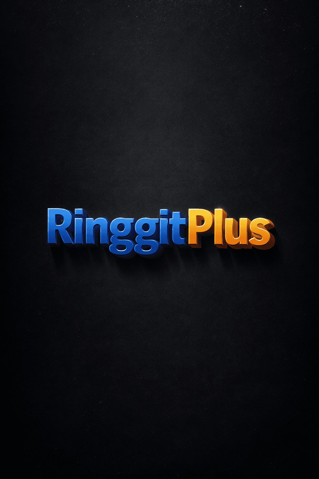 3D RinggitPlus logo with blue and orange block letters on a dark, textured background.