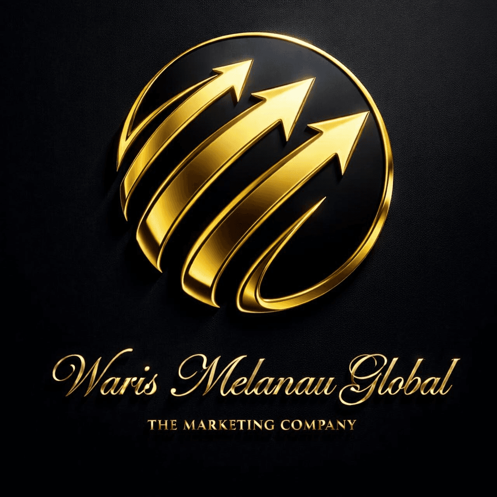Golden logo for Waris Melanau Global featuring three upward-pointing arrows inside a circular frame.