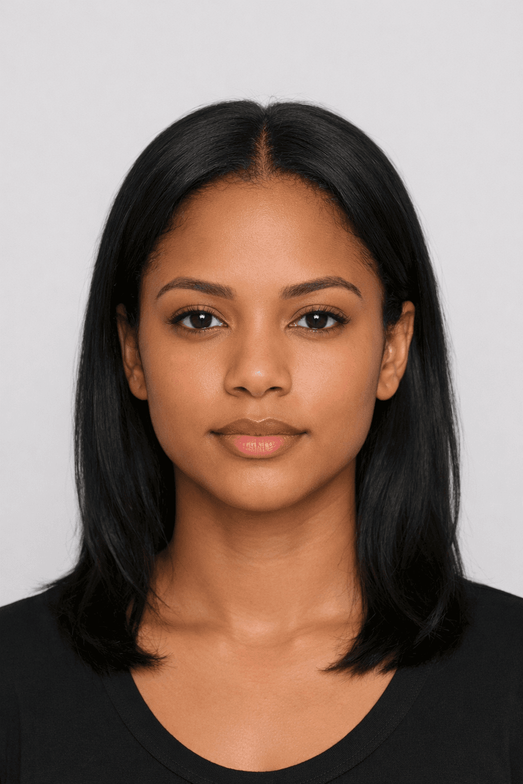 Portrait of a dark-skinned woman with straight black hair against a neutral grey background.