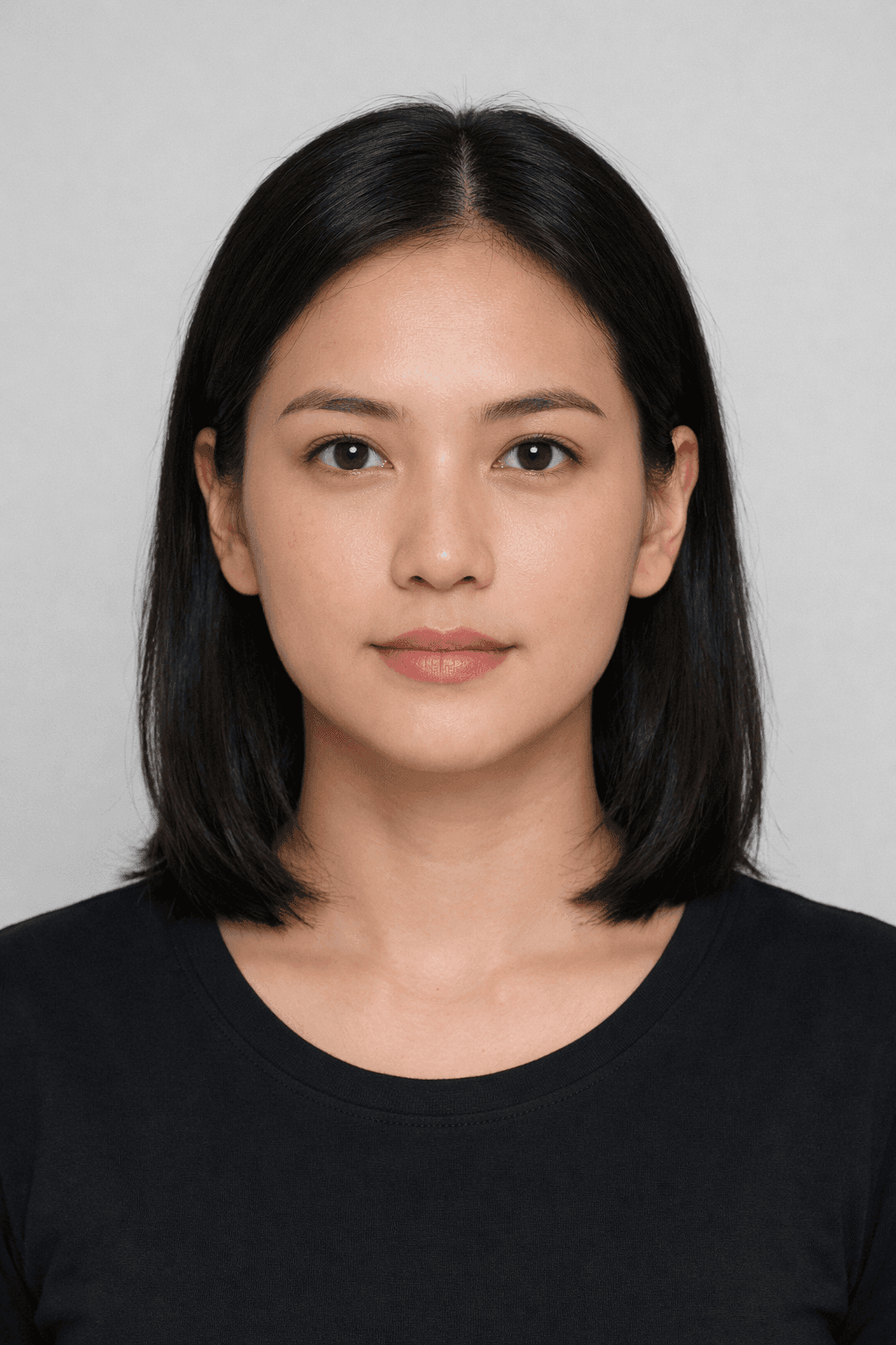 Woman with dark shoulder-length hair wearing a black shirt against a plain gray background.