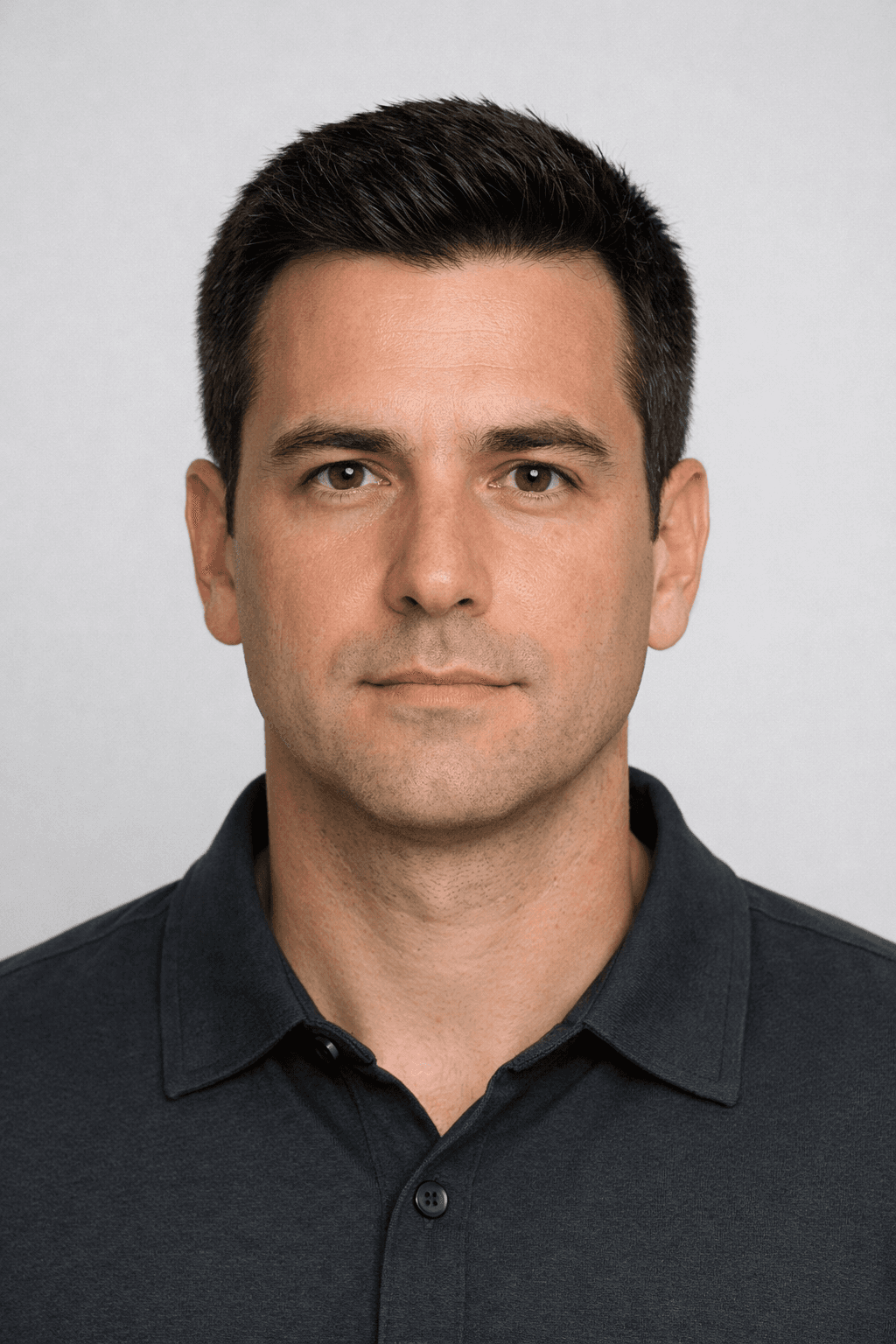 Man with short dark hair and brown eyes wearing a grey polo shirt.