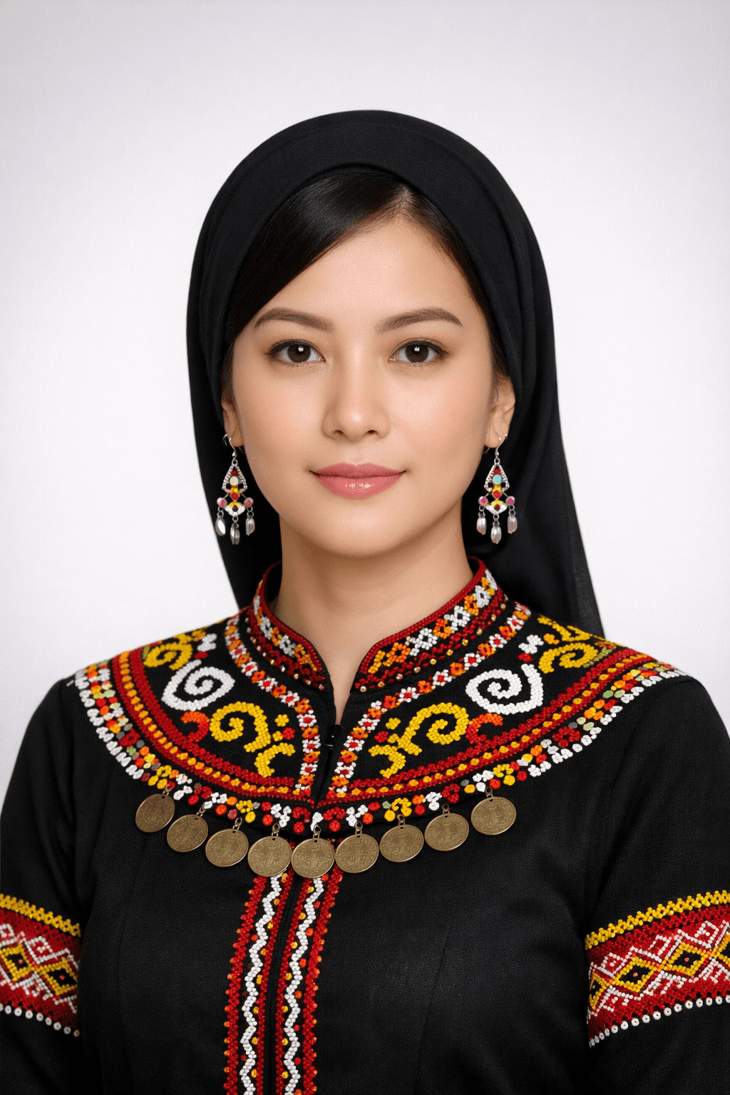Woman in a black headscarf wearing traditional attire with vibrant embroidery and gold coin accents.