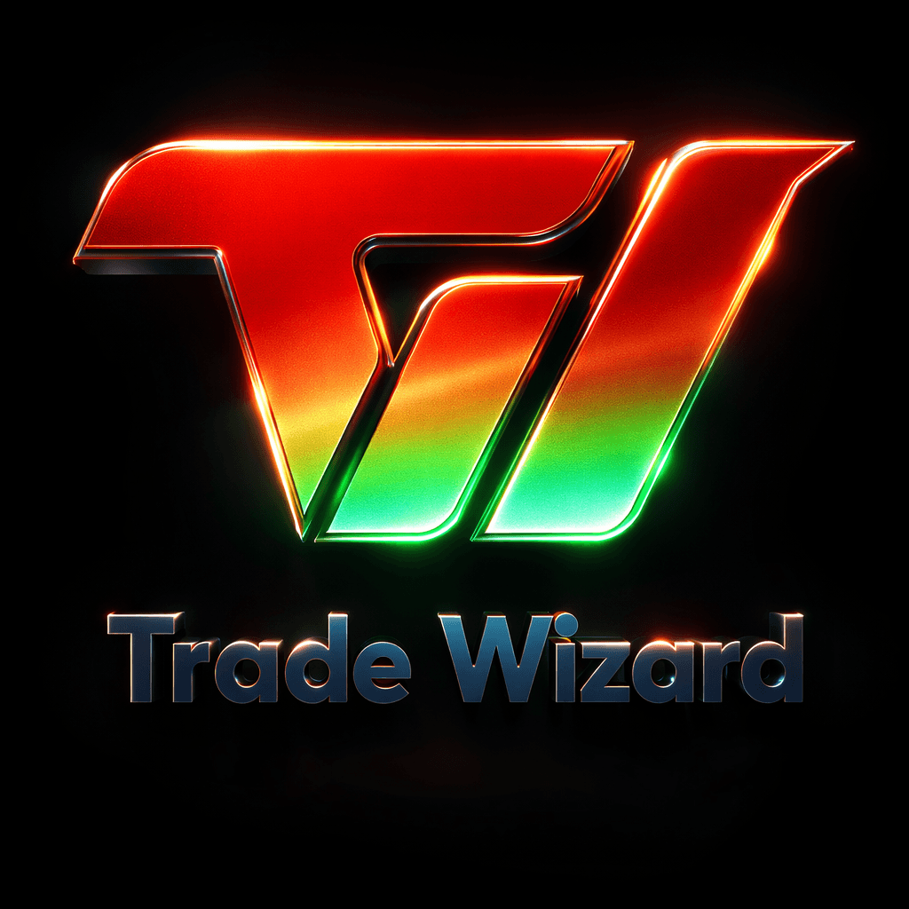Stylized red and green gradient TW logo above metallic Trade Wizard text on black background.