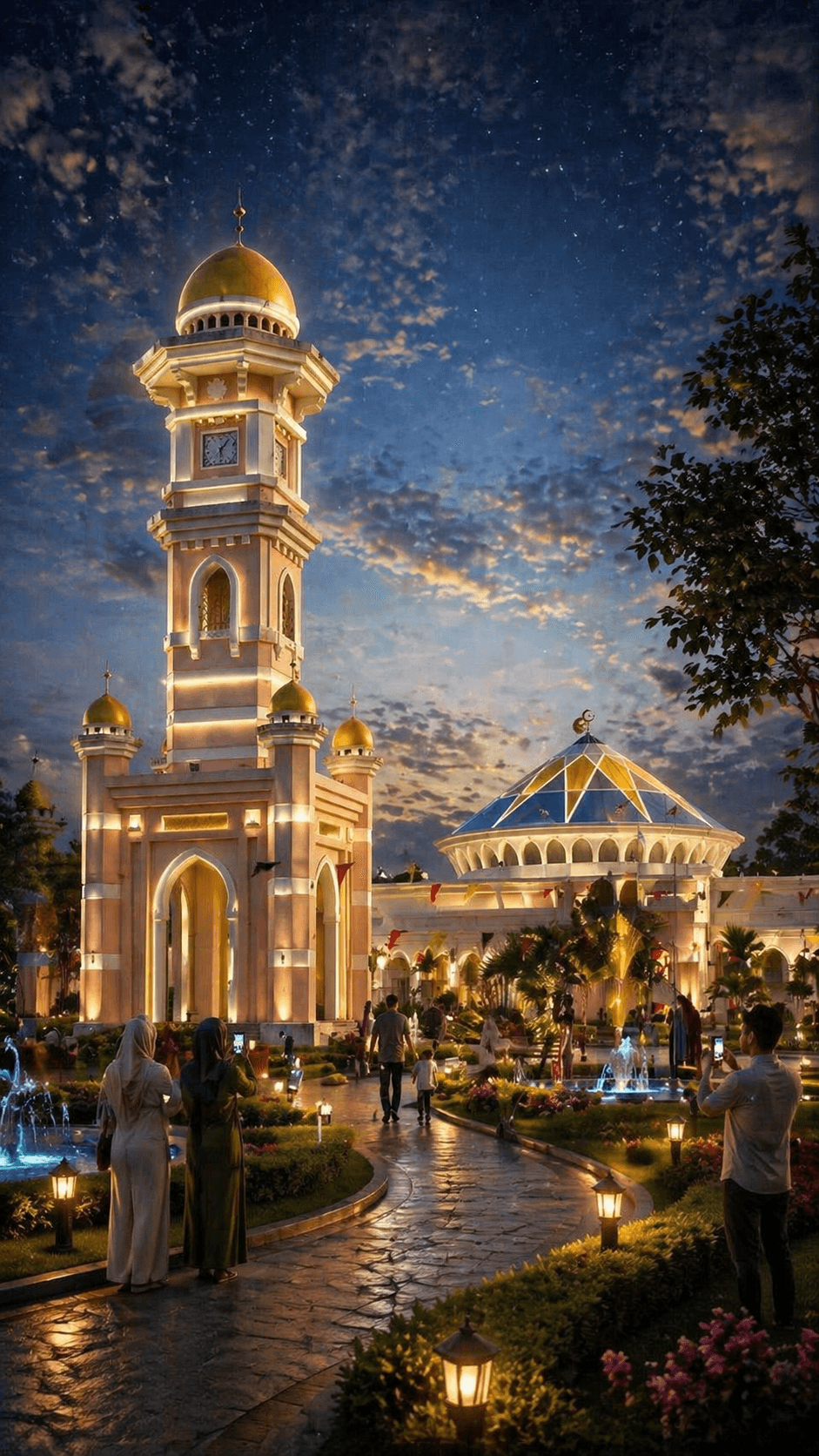 Tall illuminated clock tower and domed building in a garden under a starry twilight sky.