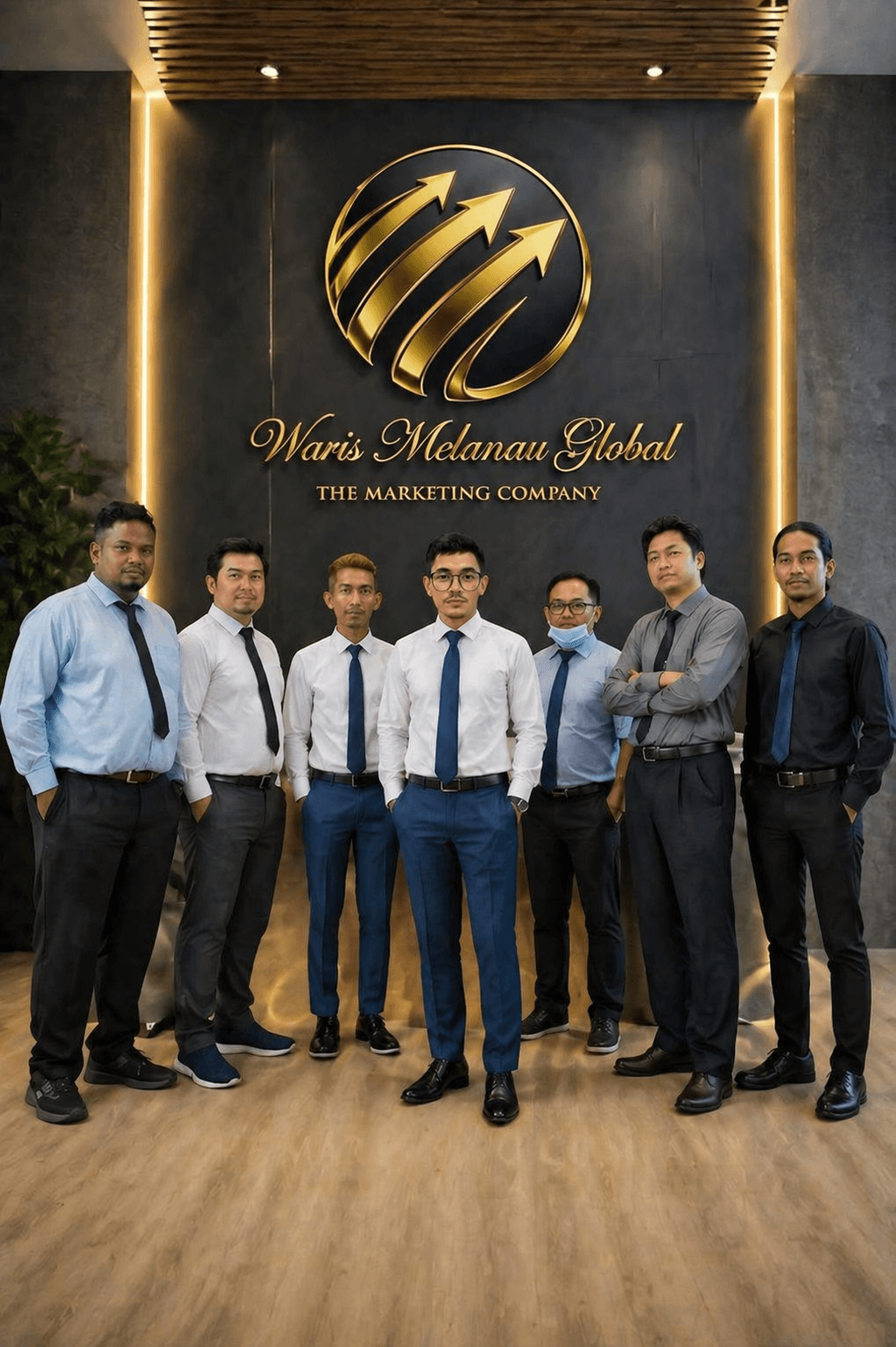 Seven men in formal wear pose before a Waris Melanau Global marketing company logo.