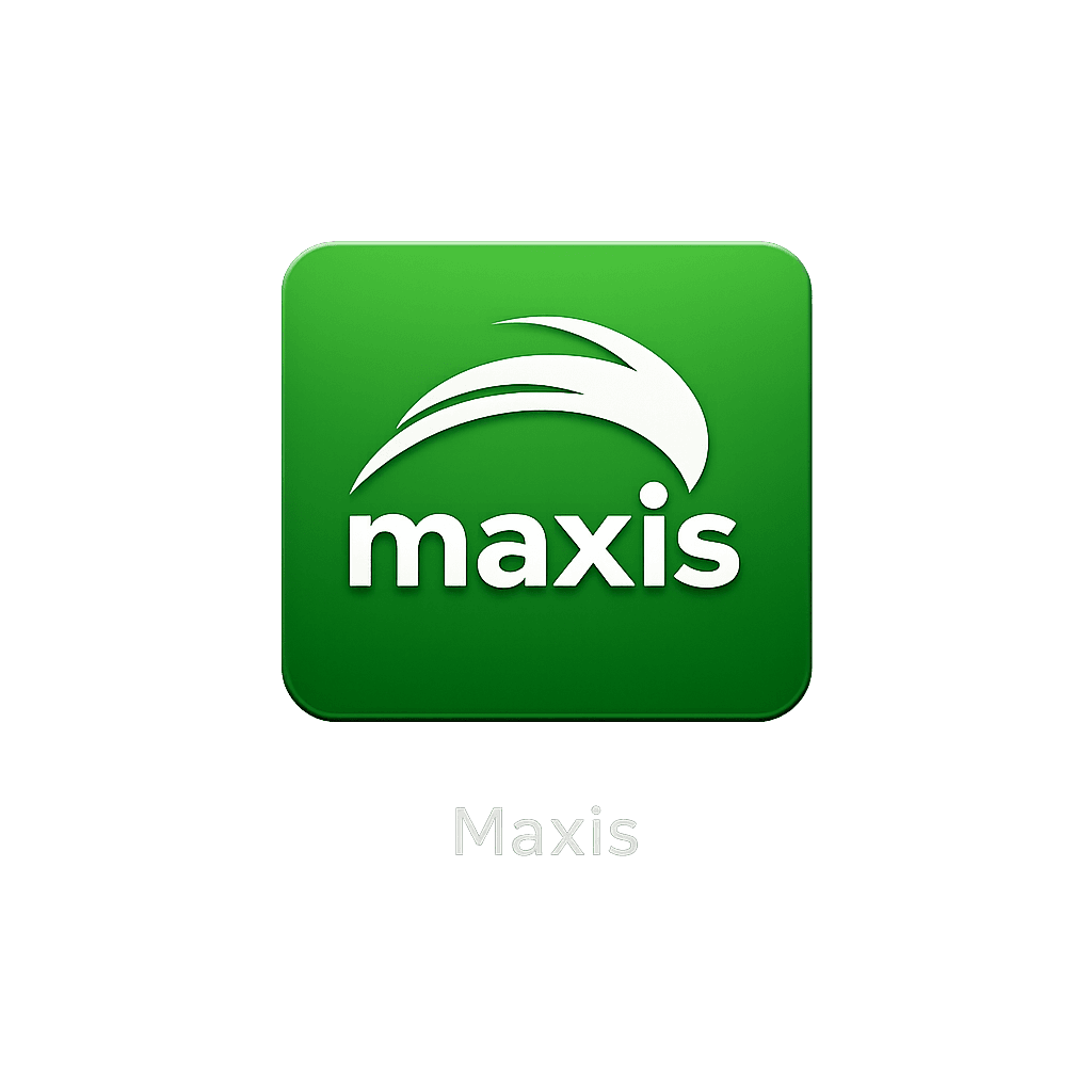 Maxis logo on a green square icon with the word Maxis written below in white.